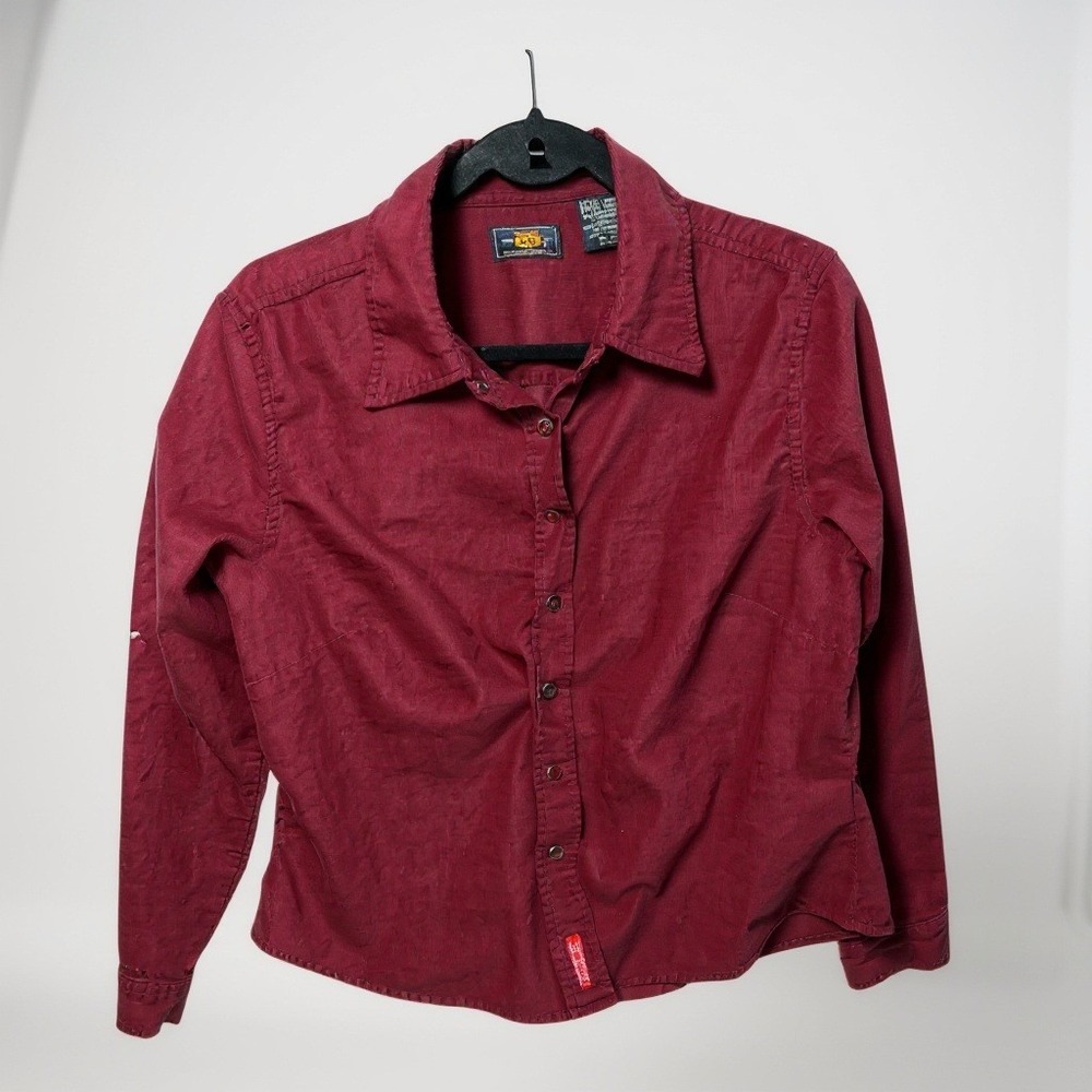 Vintage Corduroy Button Up Shirt Women's Extra Large Red Embroidered Long Sleeve